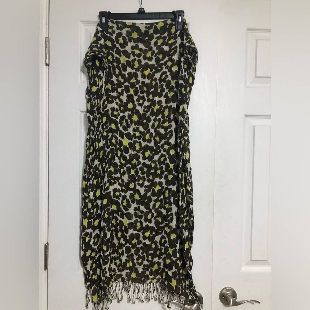Long green lime green printed scarf with‎ tassels 28” x 80” long